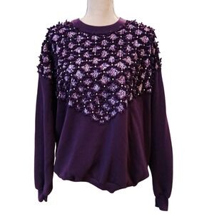 Vintage 90s Purple Paisley Faux Pearl Embellished Textured Sweatshirt Womens XL